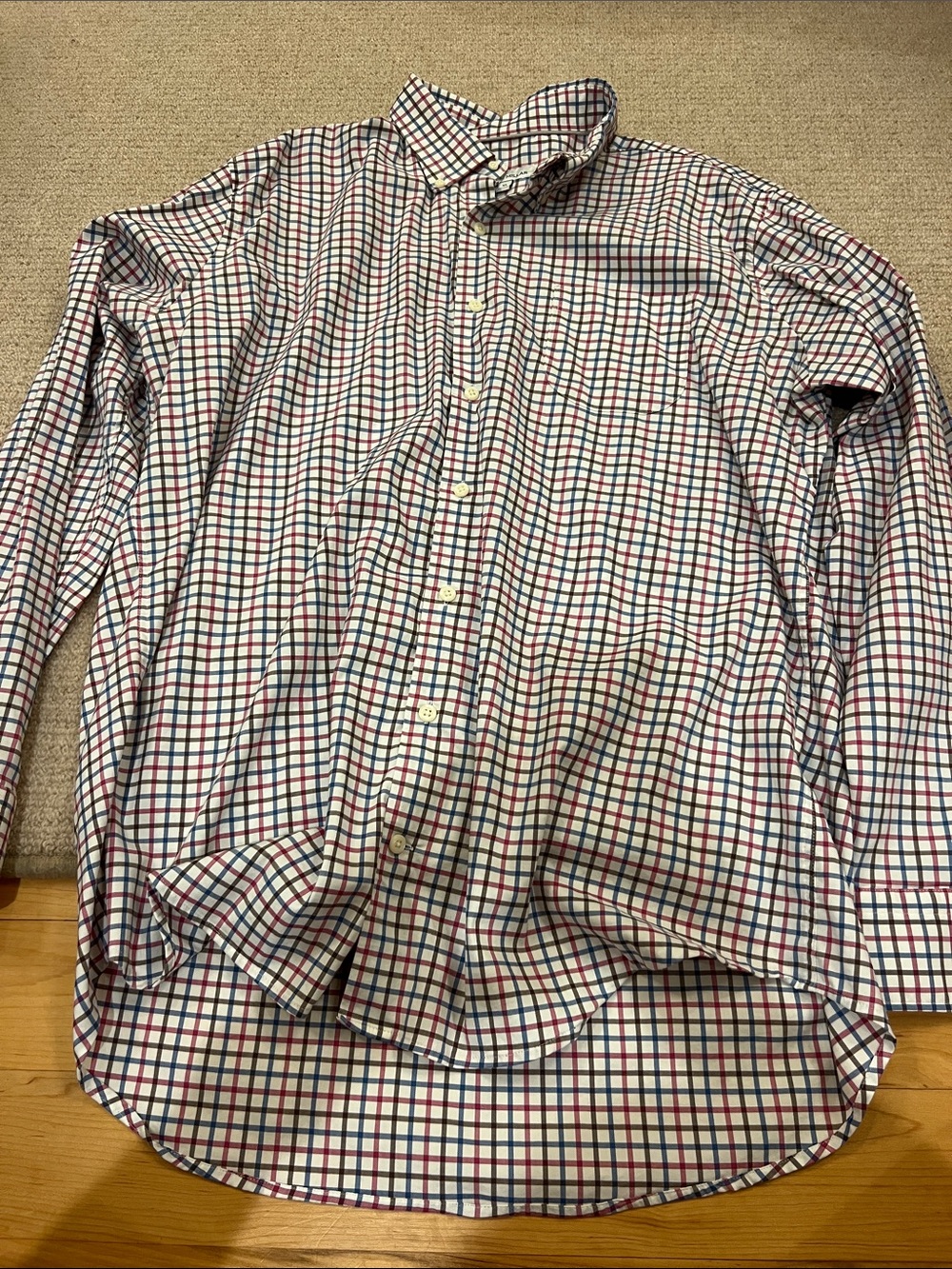 Peter Millar Men's White Shirt with Red & Blue Windowpane
Size: XL